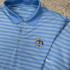 Nike Golf Dri Fit Short Sleeve Polo Shirt Large Blue Striped RYDER CUP VALHALLA